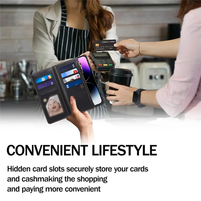 ESEBLE RFID Blocking Wallet Case for iPhone 15 Pro , PU Leather Stand Zipper Pocket Phone Cover - Black