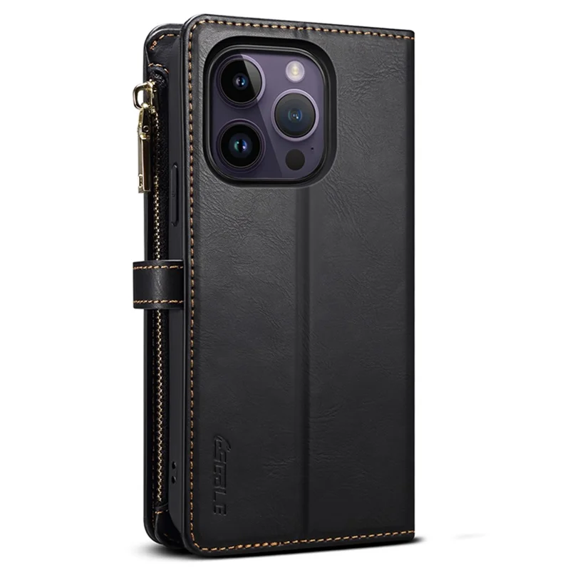 ESEBLE RFID Blocking Wallet Case for iPhone 15 Pro , PU Leather Stand Zipper Pocket Phone Cover - Black