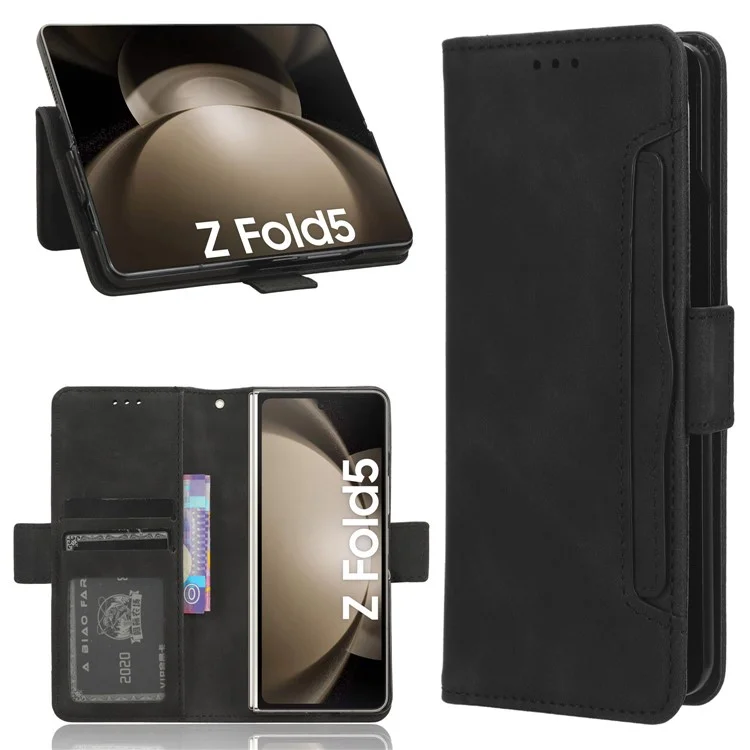 Para Samsung Galaxy Z Fold5 5G Funda de Teléfono con Múltiples Ranuras para Tarjetas de Cuero PU + PC Cartera de Pie con Soporte para Bolígrafo - Negro