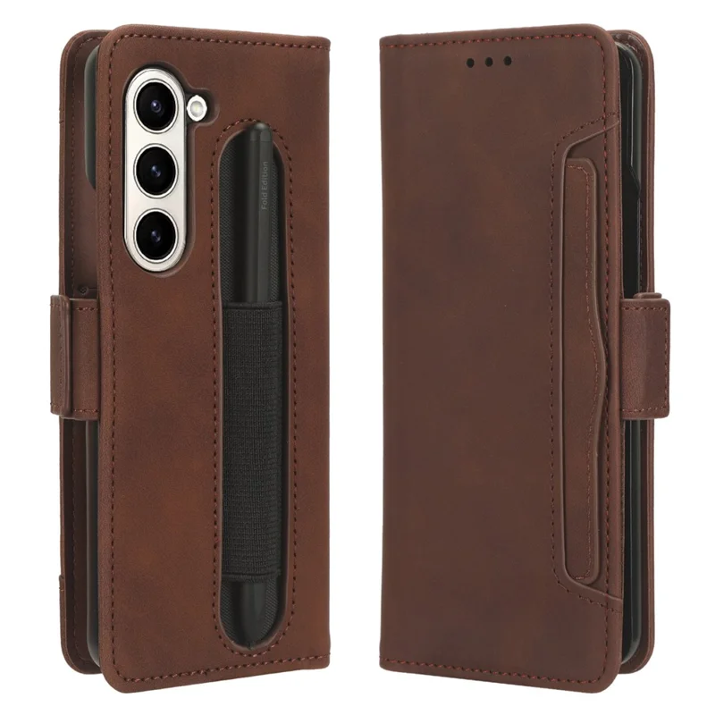 For Samsung Galaxy Z Fold5 5G Multiple Card Slot Phone Case PU Leather + PC Wallet Stand Cover with Pen Holder - Brown