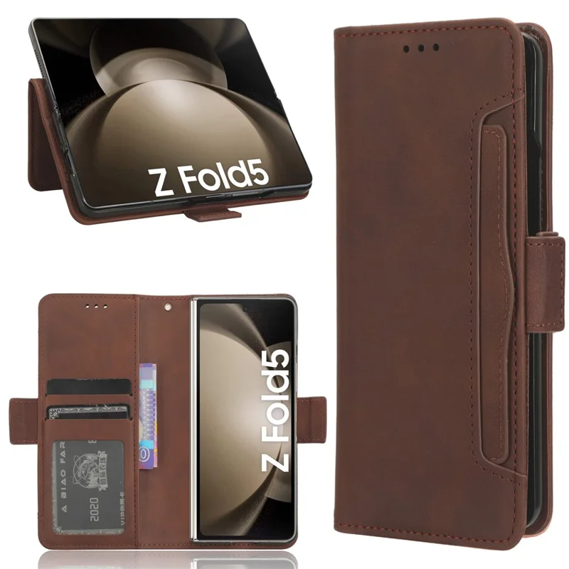 For Samsung Galaxy Z Fold5 5G Multiple Card Slot Phone Case PU Leather + PC Wallet Stand Cover with Pen Holder - Brown