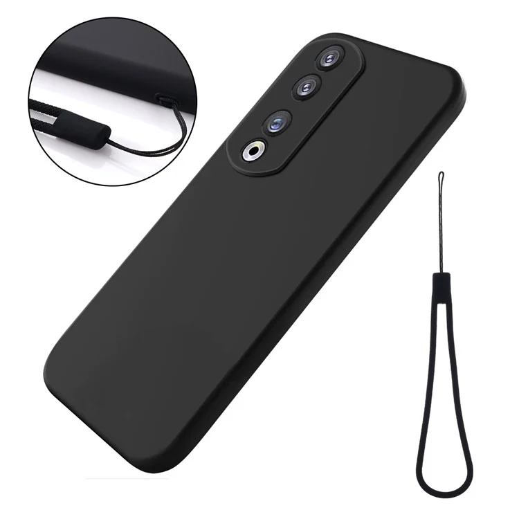 For Honor 90 Pro Liquid Silicone Phone Cover Soft Lining Protective Case with Strap - Black