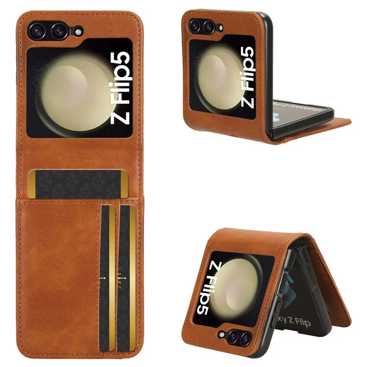 For Samsung Galaxy Z Flip5 5G Card Holder Phone Case PU Leather PC Shockproof Phone Protector Cover - Brown
