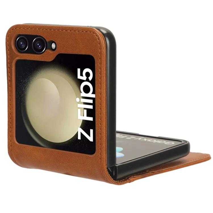For Samsung Galaxy Z Flip5 5G Card Holder Phone Case PU Leather PC Shockproof Phone Protector Cover - Brown