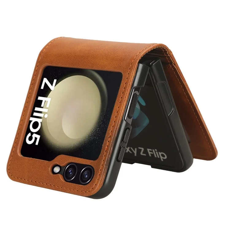 For Samsung Galaxy Z Flip5 5G Card Holder Phone Case PU Leather PC Shockproof Phone Protector Cover - Brown
