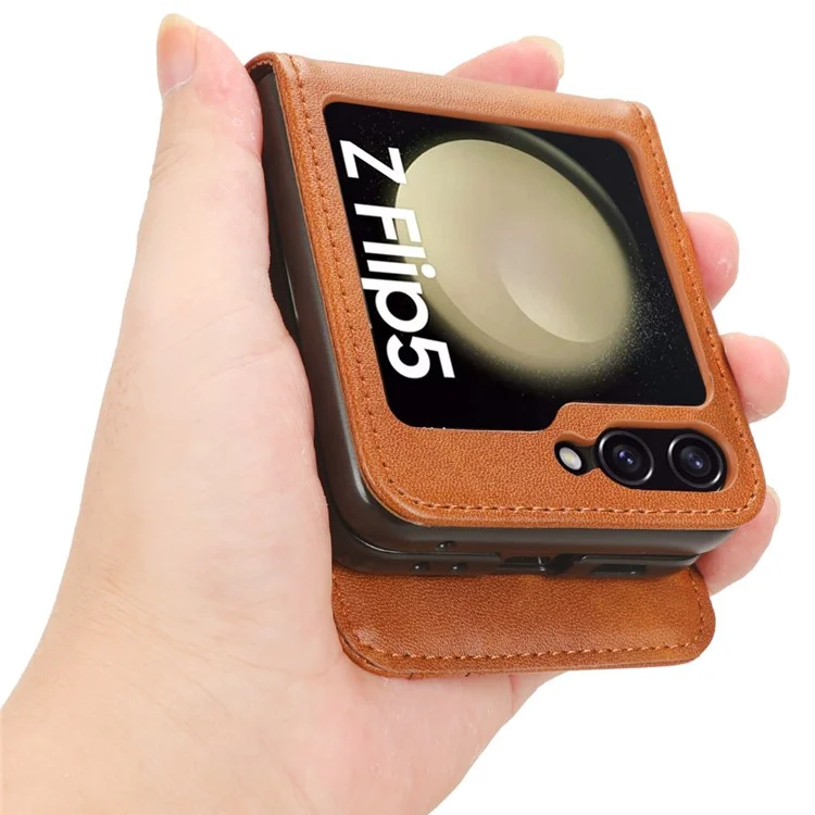 For Samsung Galaxy Z Flip5 5G Card Holder Phone Case PU Leather PC Shockproof Phone Protector Cover - Brown