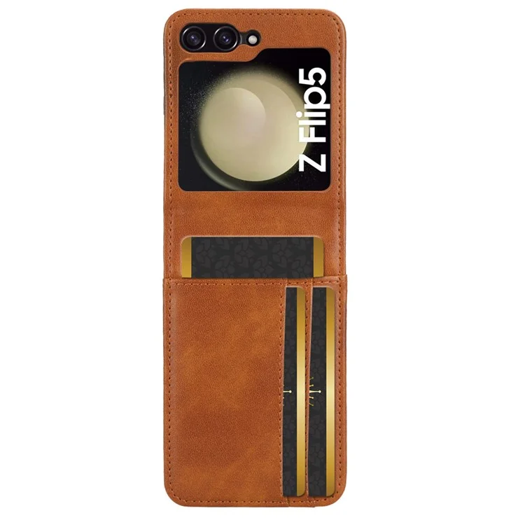 For Samsung Galaxy Z Flip5 5G Card Holder Phone Case PU Leather PC Shockproof Phone Protector Cover - Brown