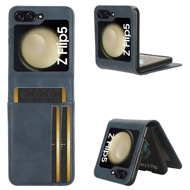 For Samsung Galaxy Z Flip5 5G Card Holder Phone Case PU Leather PC Shockproof Phone Protector Cover - Blue