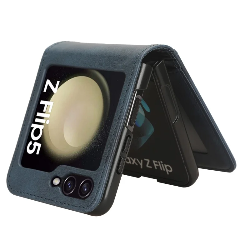 For Samsung Galaxy Z Flip5 5G Card Holder Phone Case PU Leather PC Shockproof Phone Protector Cover - Blue