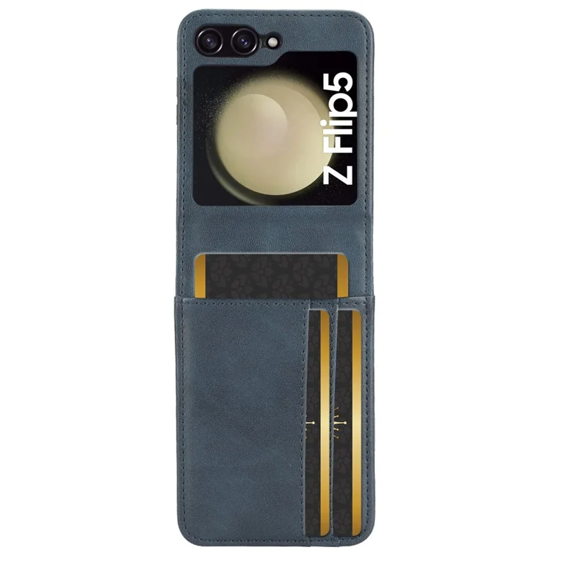 For Samsung Galaxy Z Flip5 5G Card Holder Phone Case PU Leather PC Shockproof Phone Protector Cover - Blue
