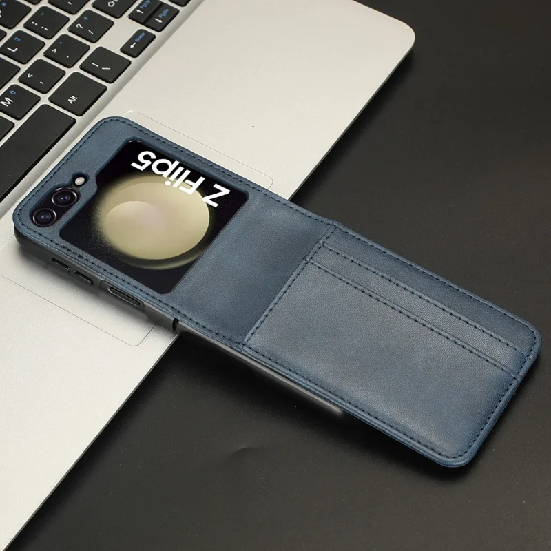For Samsung Galaxy Z Flip5 5G Card Holder Phone Case PU Leather PC Shockproof Phone Protector Cover - Blue
