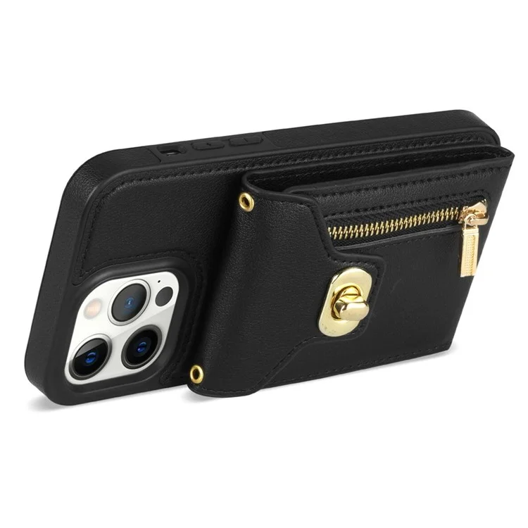 Para iPhone 15 Pro Max Zipper Pocket Leather Coated TPU Phone Case Card Holder Kickstand Cover - Preto