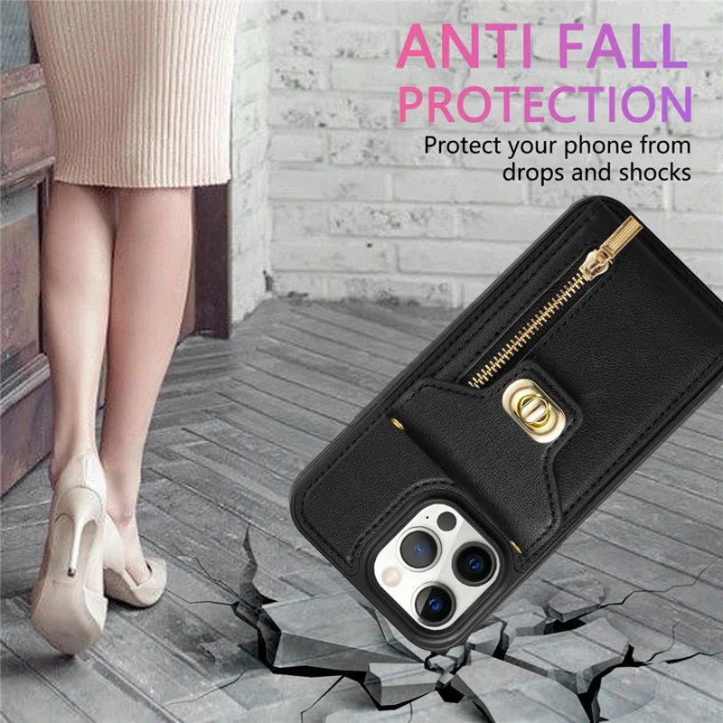 Para iPhone 15 Pro Max Zipper Pocket Leather Coated TPU Phone Case Card Holder Kickstand Cover - Preto