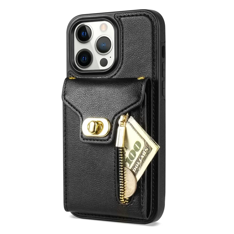 Para iPhone 15 Pro Max Zipper Pocket Leather Coated TPU Phone Case Card Holder Kickstand Cover - Preto
