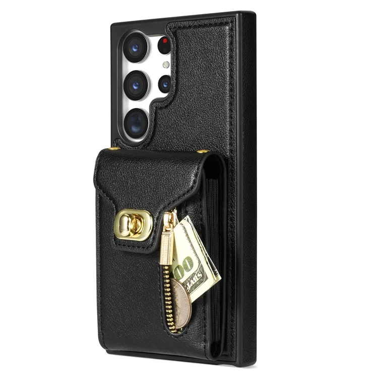 For Samsung Galaxy S23 Ultra Card Slots Phone Cover Zipper Pocket Leather Coated TPU Kickstand Case - Schwarz