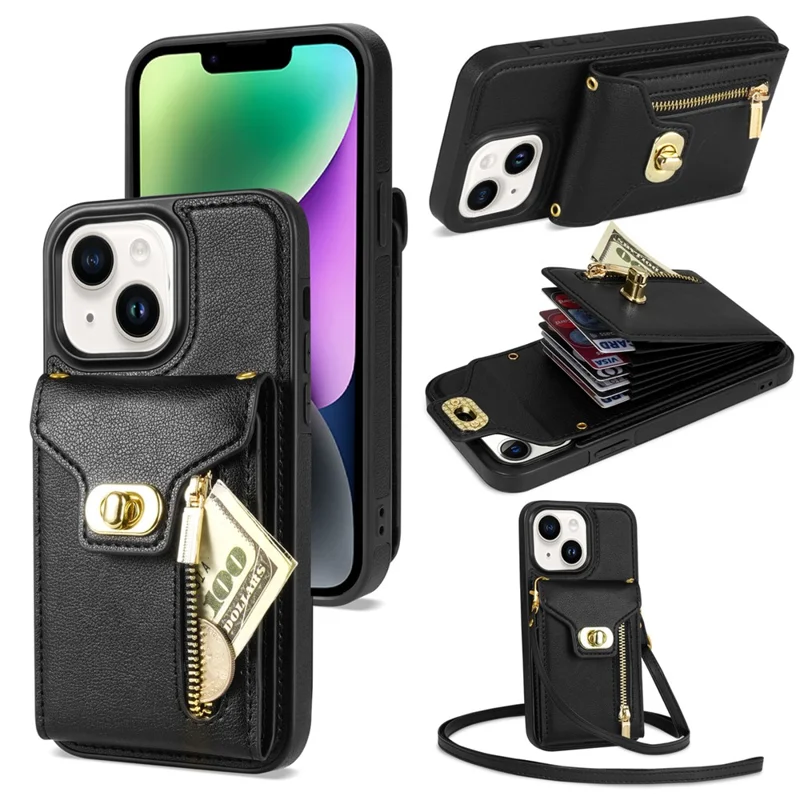 For iPhone 14 Plus Card Slots PU Leather Coated TPU Case Zipper Pocket Phone Cover with Kickstand - Black