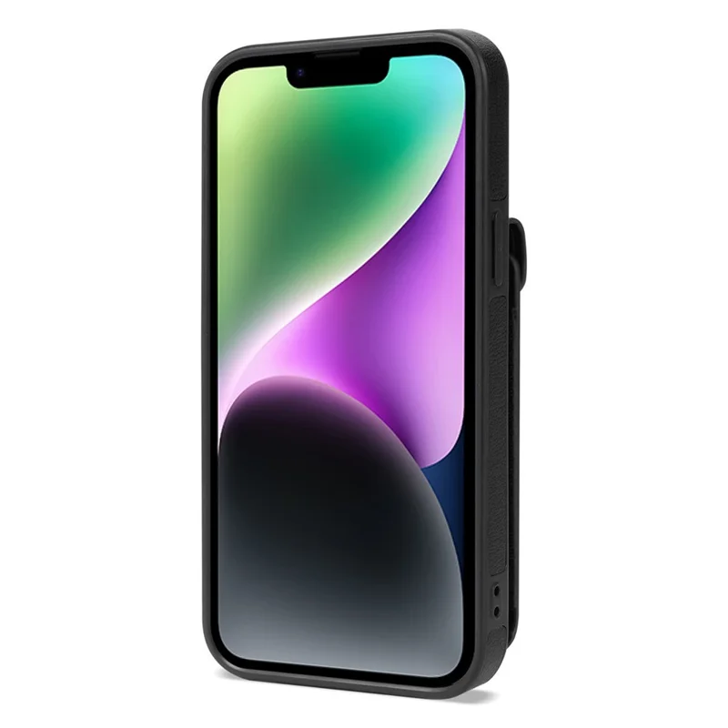For iPhone 14 Plus Card Slots PU Leather Coated TPU Case Zipper Pocket Phone Cover with Kickstand - Black