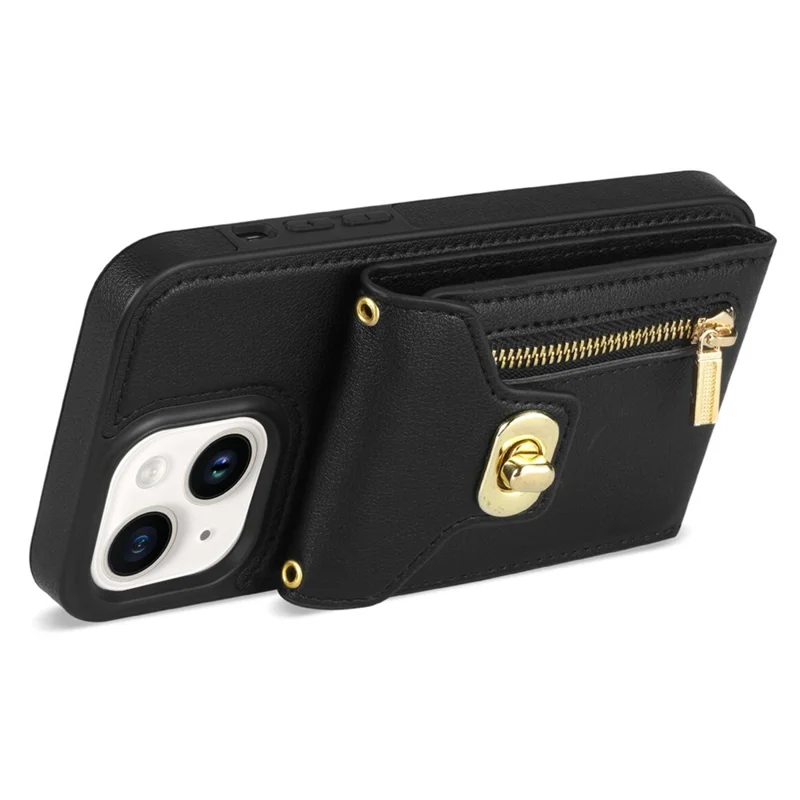 For iPhone 14 Plus Card Slots PU Leather Coated TPU Case Zipper Pocket Phone Cover with Kickstand - Black