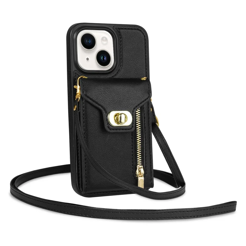 For iPhone 14 Plus Card Slots PU Leather Coated TPU Case Zipper Pocket Phone Cover with Kickstand - Black