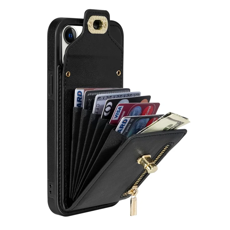 For iPhone 14 Plus Card Slots PU Leather Coated TPU Case Zipper Pocket Phone Cover with Kickstand - Black