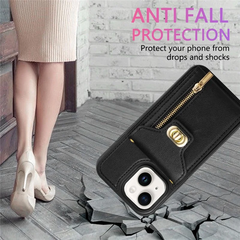 For iPhone 14 Plus Card Slots PU Leather Coated TPU Case Zipper Pocket Phone Cover with Kickstand - Black
