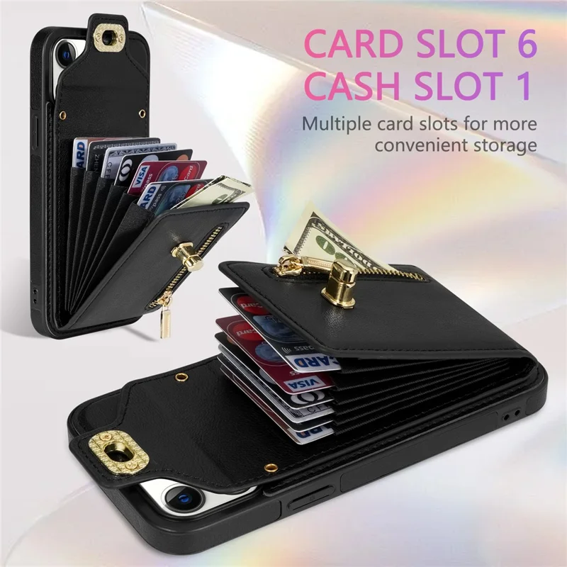 For iPhone 14 Plus Card Slots PU Leather Coated TPU Case Zipper Pocket Phone Cover with Kickstand - Black