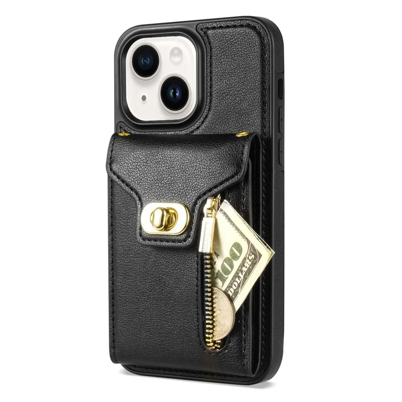 For iPhone 14 Plus Card Slots PU Leather Coated TPU Case Zipper Pocket Phone Cover with Kickstand - Black