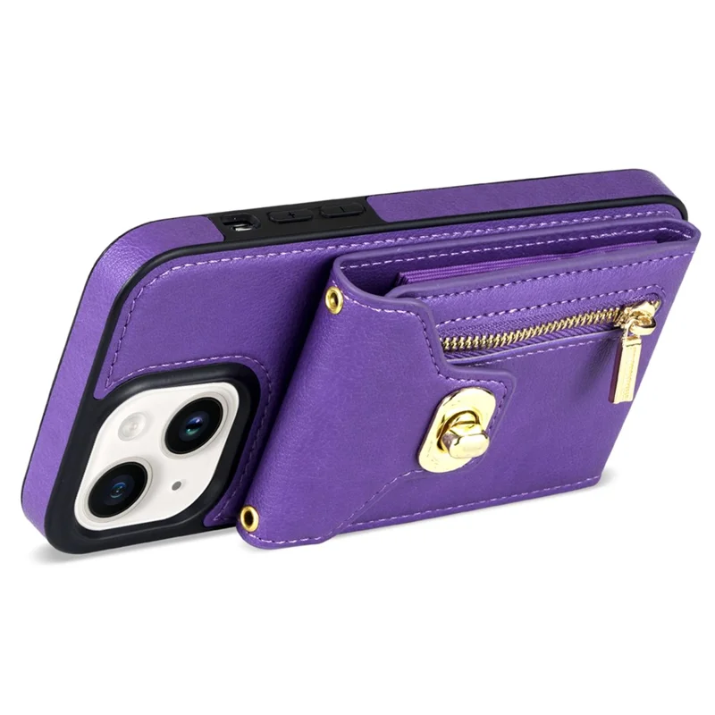 Card Slots Phone Kickstand Case for iPhone 15 , Zipper Pocket PU Leather Coated TPU Cover - Purple