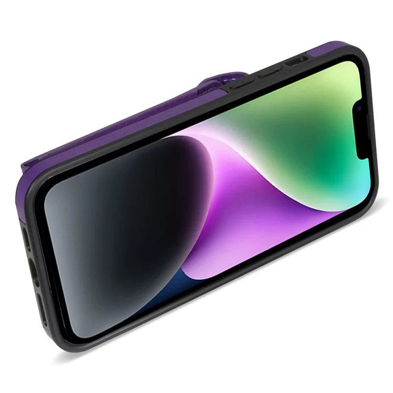 Card Slots Phone Kickstand Case for iPhone 15 , Zipper Pocket PU Leather Coated TPU Cover - Purple
