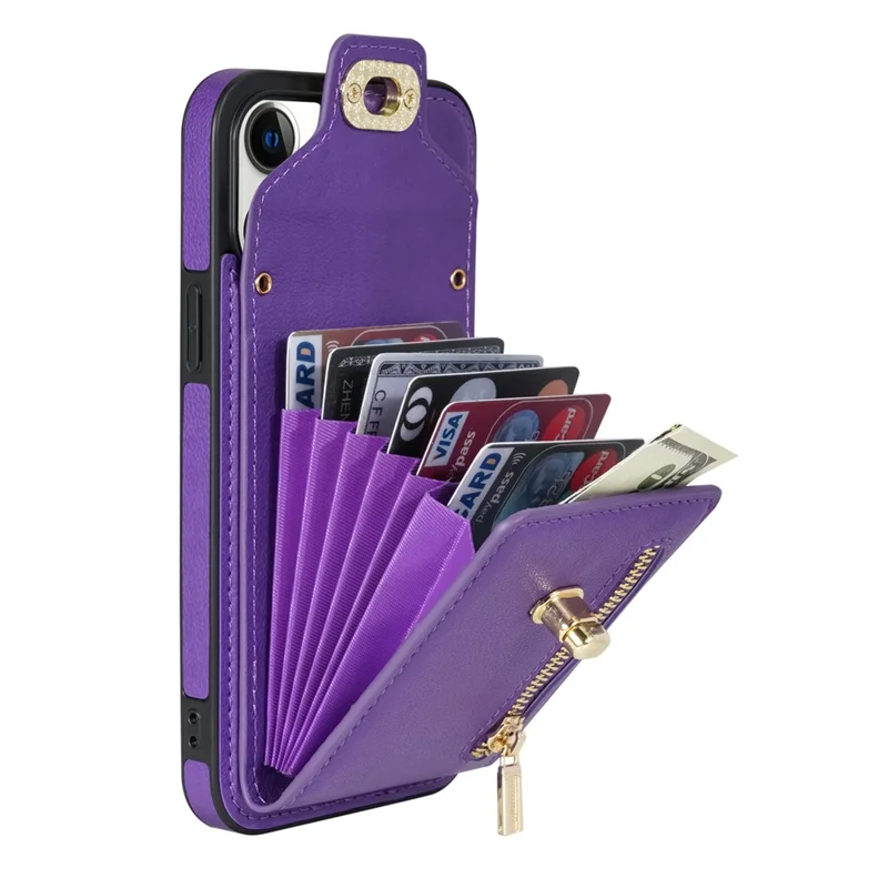 Card Slots Phone Kickstand Case for iPhone 15 , Zipper Pocket PU Leather Coated TPU Cover - Purple