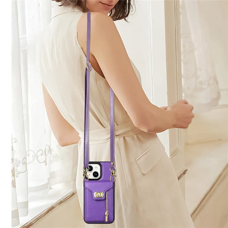 Card Slots Phone Kickstand Case for iPhone 15 , Zipper Pocket PU Leather Coated TPU Cover - Purple