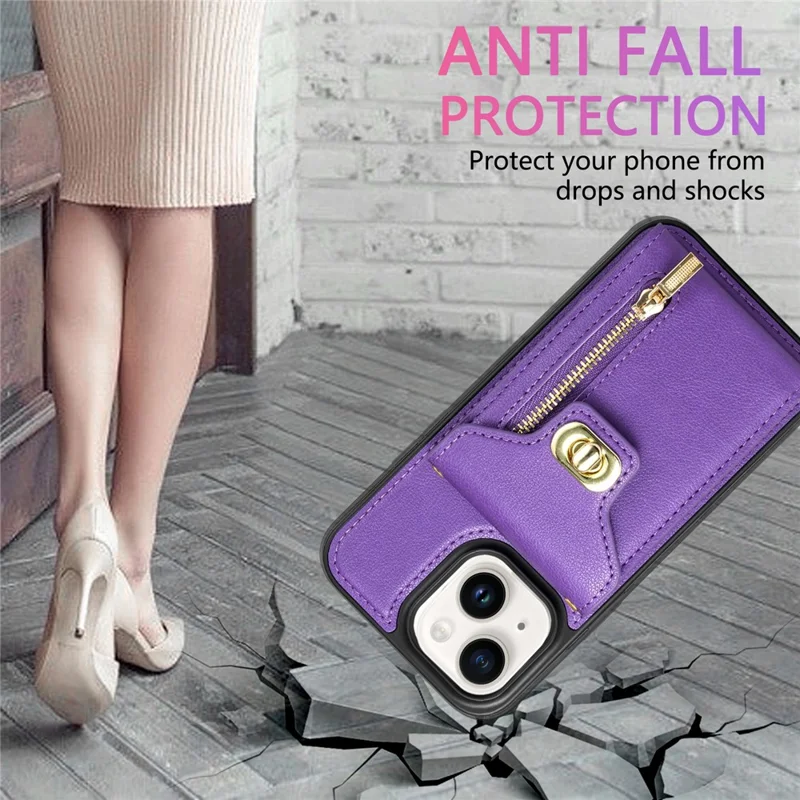 Card Slots Phone Kickstand Case for iPhone 15 , Zipper Pocket PU Leather Coated TPU Cover - Purple