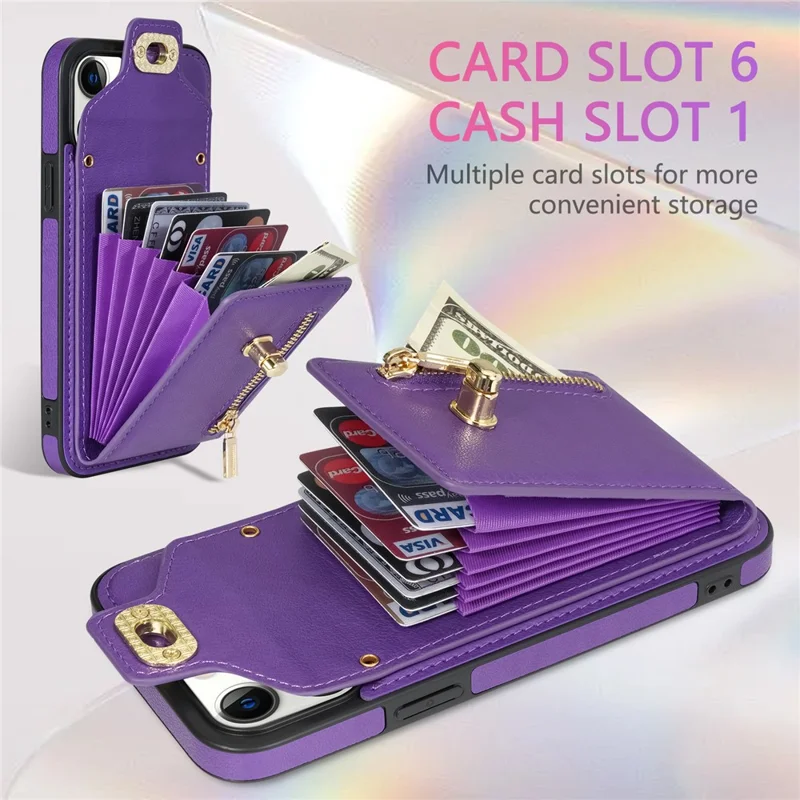 Card Slots Phone Kickstand Case for iPhone 15 , Zipper Pocket PU Leather Coated TPU Cover - Purple