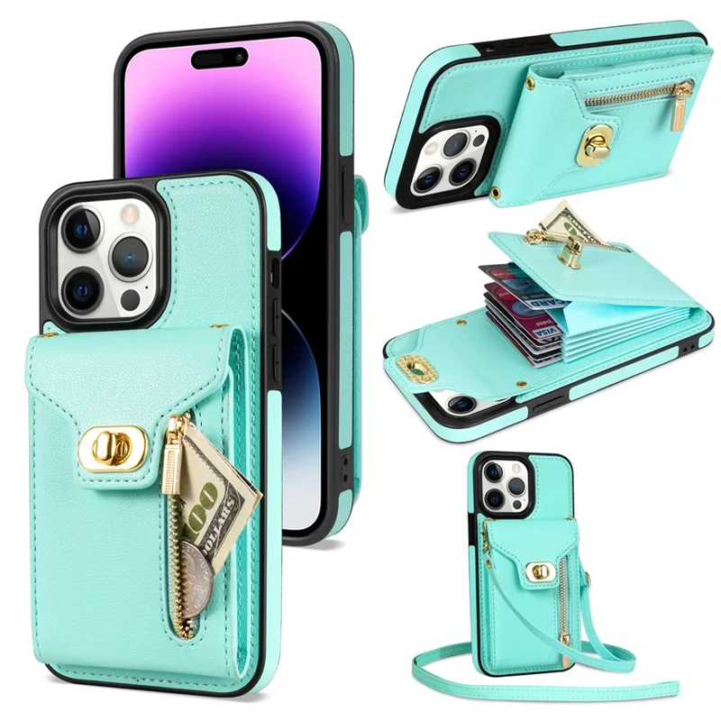 Card Slots Kickstand Phone Cover for iPhone 14 Pro Max , Zipper Pocket PU Leather + TPU Case - Green