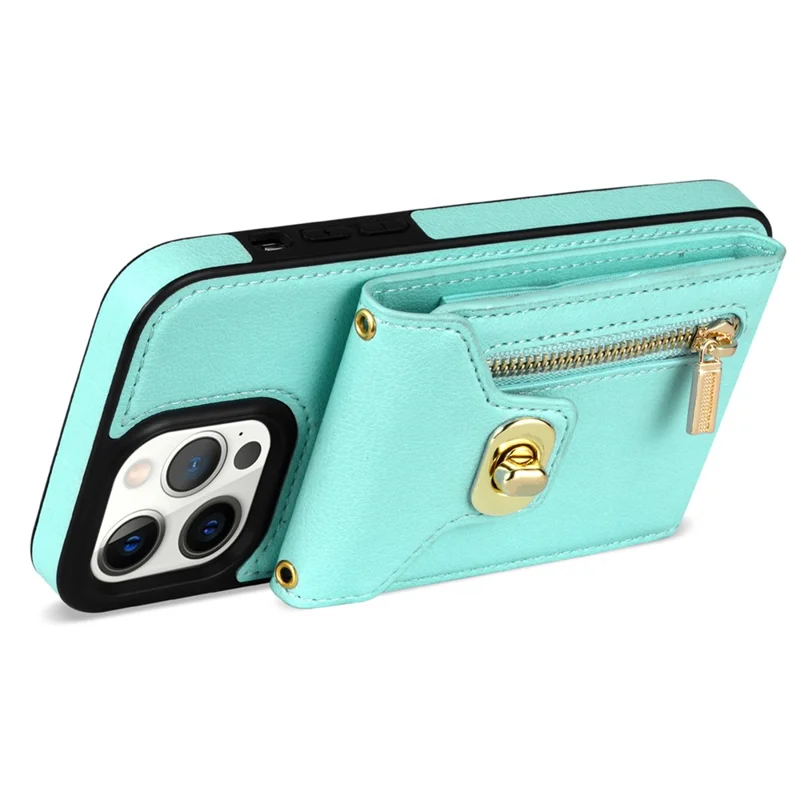 Card Slots Kickstand Phone Cover for iPhone 14 Pro Max , Zipper Pocket PU Leather + TPU Case - Green