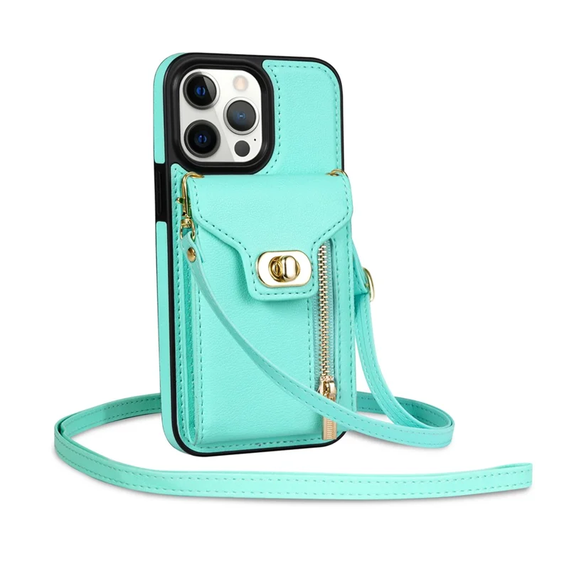Card Slots Kickstand Phone Cover for iPhone 14 Pro Max , Zipper Pocket PU Leather + TPU Case - Green