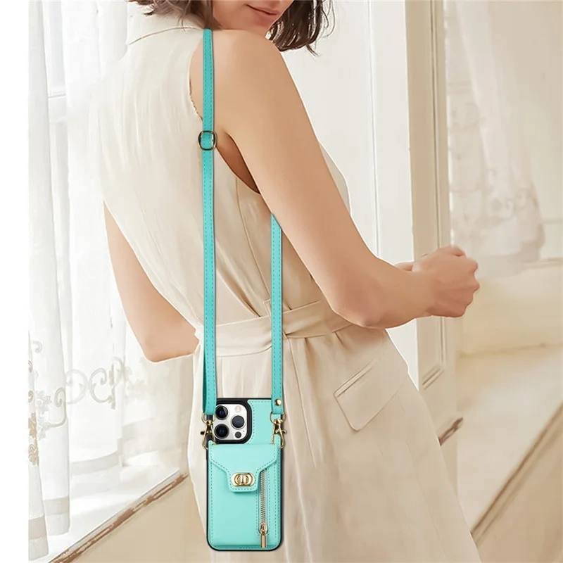 Card Slots Kickstand Phone Cover for iPhone 14 Pro Max , Zipper Pocket PU Leather + TPU Case - Green