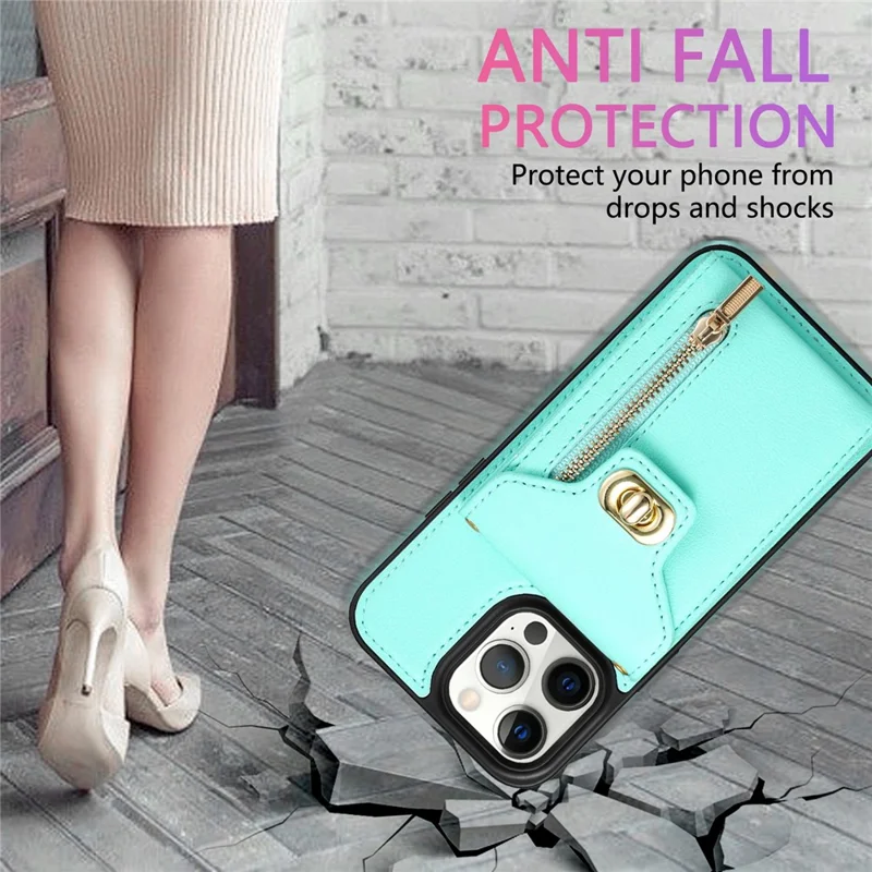 Card Slots Kickstand Phone Cover for iPhone 14 Pro Max , Zipper Pocket PU Leather + TPU Case - Green