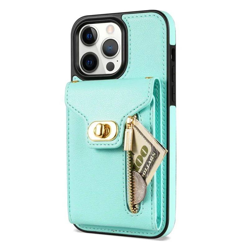 Card Slots Kickstand Phone Cover for iPhone 14 Pro Max , Zipper Pocket PU Leather + TPU Case - Green