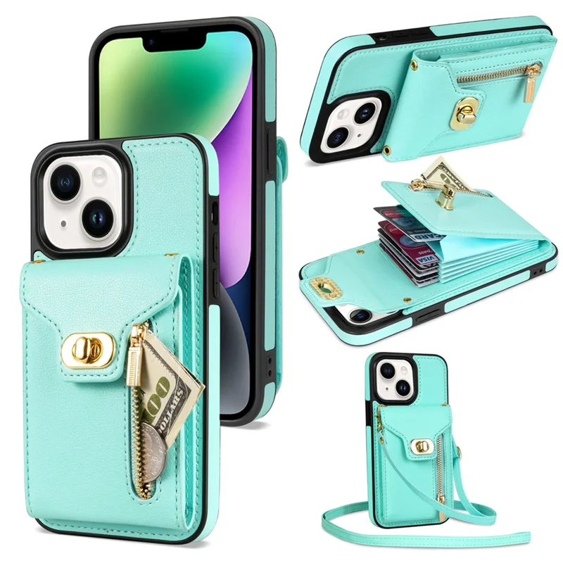 Zipper Pocket Case for iPhone 15 Plus , Card Slots PU Leather Coated TPU Kickstand Phone Cover - Green