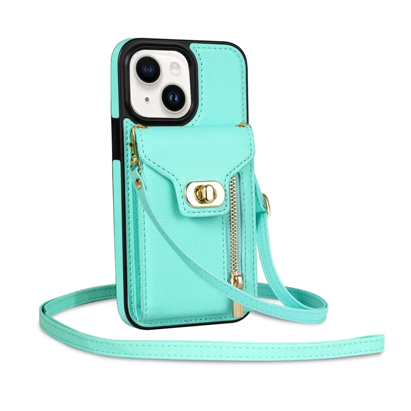 Zipper Pocket Case for iPhone 15 Plus , Card Slots PU Leather Coated TPU Kickstand Phone Cover - Green