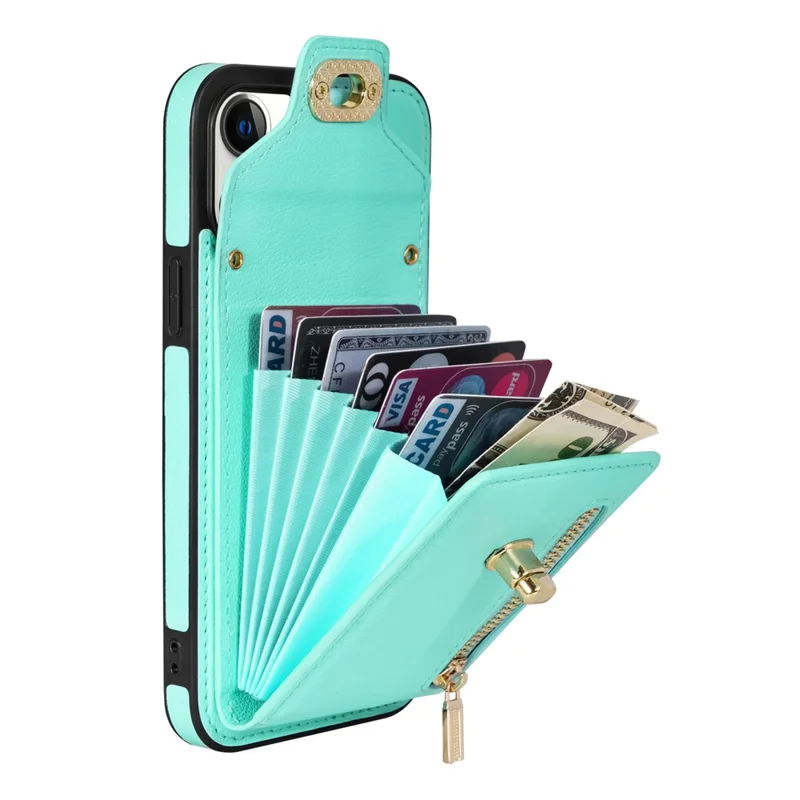 Zipper Pocket Case for iPhone 15 Plus , Card Slots PU Leather Coated TPU Kickstand Phone Cover - Green