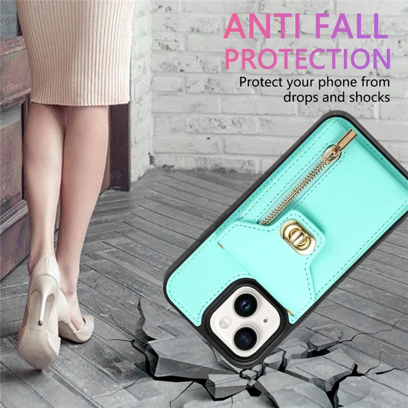 Zipper Pocket Case for iPhone 15 Plus , Card Slots PU Leather Coated TPU Kickstand Phone Cover - Green