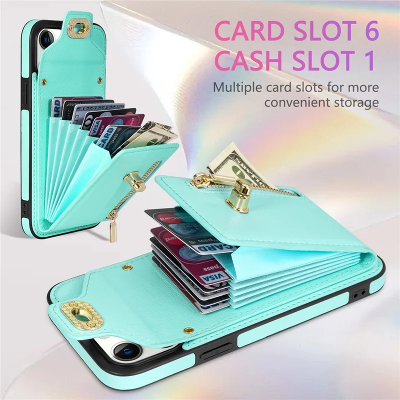 Zipper Pocket Case for iPhone 15 Plus , Card Slots PU Leather Coated TPU Kickstand Phone Cover - Green