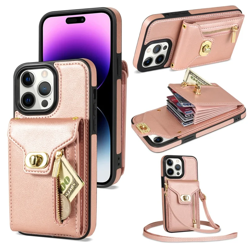 Housse en cuir PU avec revêtement TPU pour iPhone 15 Pro, poche zippée, fentes pour cartes - Rose