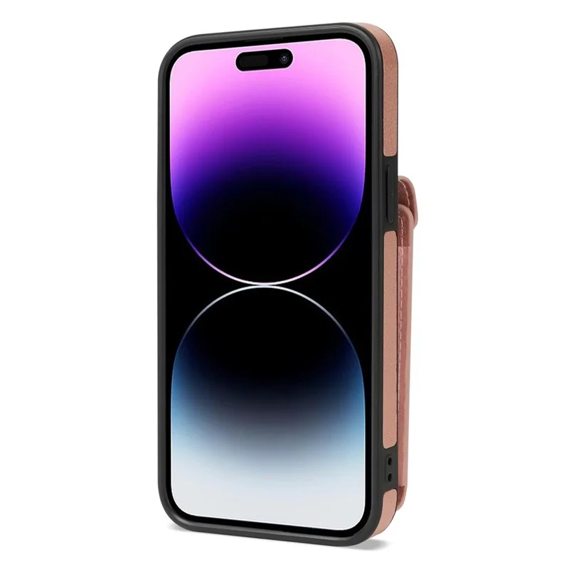 Housse en cuir PU avec revêtement TPU pour iPhone 15 Pro, poche zippée, fentes pour cartes - Rose