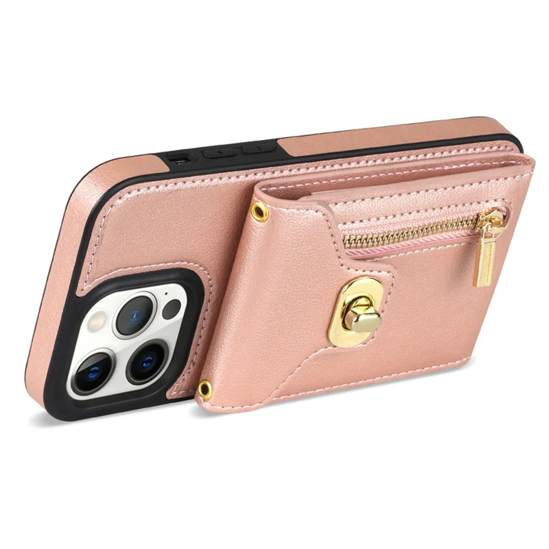 Housse en cuir PU avec revêtement TPU pour iPhone 15 Pro, poche zippée, fentes pour cartes - Rose