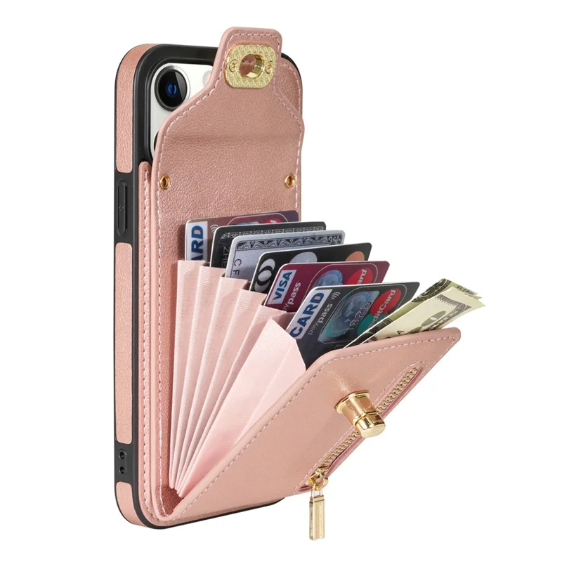 Housse en cuir PU avec revêtement TPU pour iPhone 15 Pro, poche zippée, fentes pour cartes - Rose