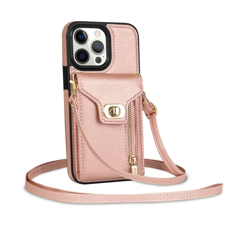 Housse en cuir PU avec revêtement TPU pour iPhone 15 Pro, poche zippée, fentes pour cartes - Rose