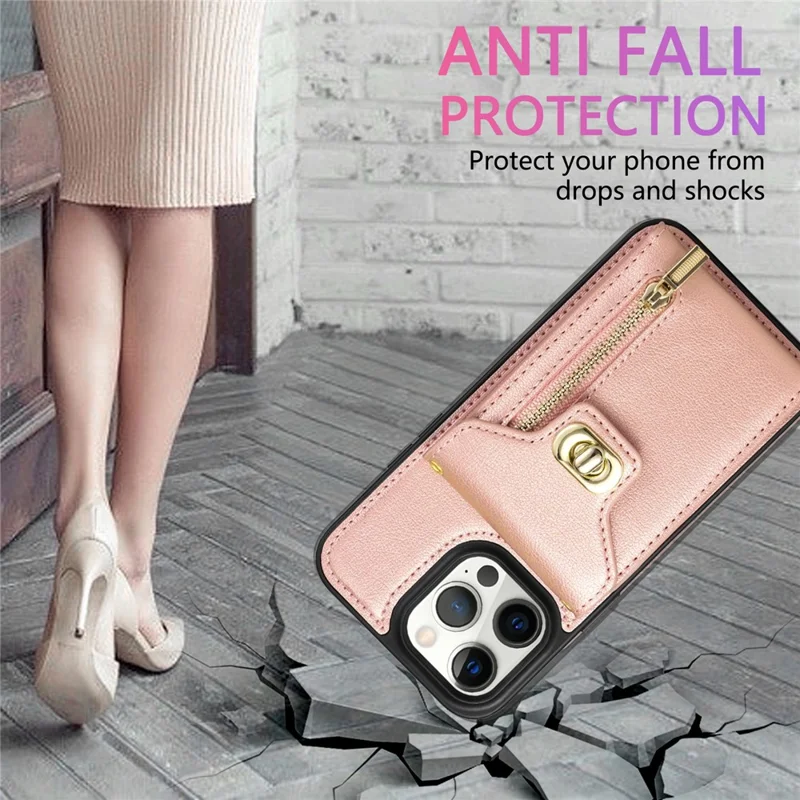 Housse en cuir PU avec revêtement TPU pour iPhone 15 Pro, poche zippée, fentes pour cartes - Rose